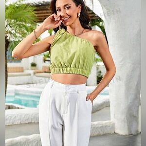 Summer Light Green Cropped Top Off Shoulder